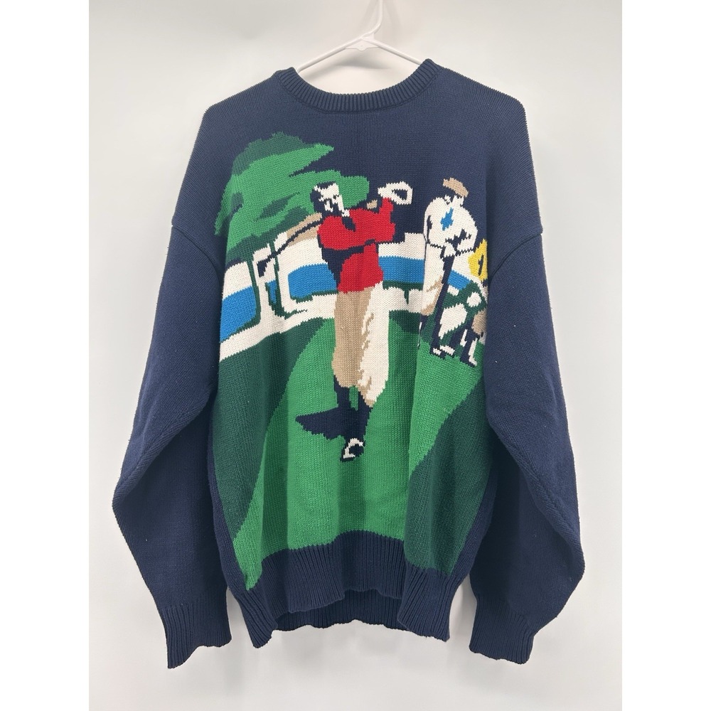 John Ashford Golf Sweater Mens XL Navy Cotton Intarsia Golfer Scene Pullover